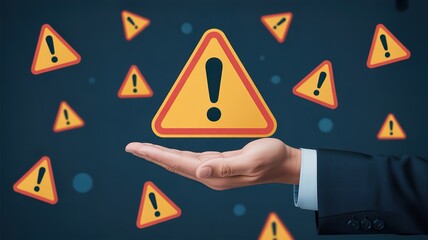 A hand in a business suit holds a large warning sign with smaller signs floating around it.