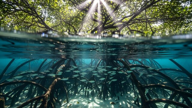 Photorealistic underwater split-level shot of mangrove roots filtering sunlight with juvenile fish, sand ripples, and clear surface reflections