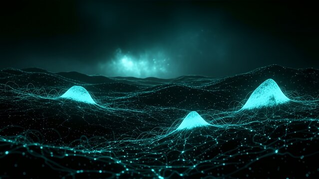 Futuristic Digital Landscape with Glowing Blue Hills and Data Network - Powered by Adobe