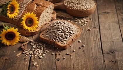 sunflower seeds and rye bread against rustic wooden background,  rural,  earthy tones , nature