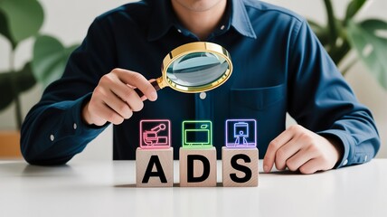 A man examines advertising blocks with a magnifying glass on a white table in a modern office setting.