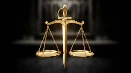 Golden scales of justice with sword on dark background symbolizing legal system