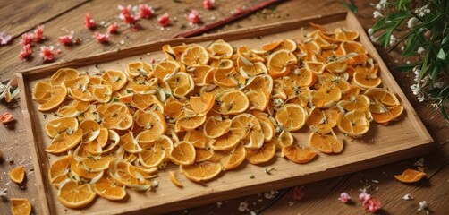 Thin slices of dried orange peel lay scattered on a bamboo tray amidst delicate flowers,  natural decoration,  bamboo tray,  dried citrus