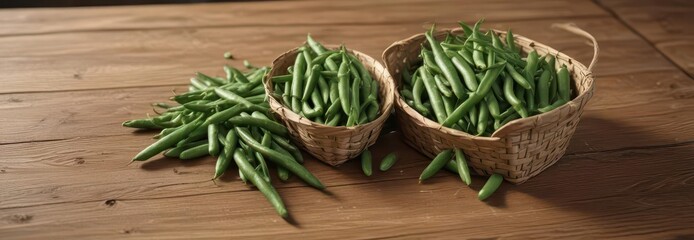 Tilted basket of green beans and zucchini on a wooden table,  vegetables,  kitchen, green beans