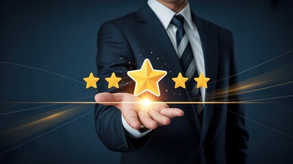 A businessman in a suit holding a glowing five-star rating in his hand.