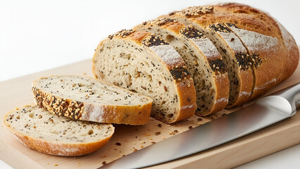 Sliced multigrain bread loaf, featuring sesame and poppy seeds, on a wooden cutting board