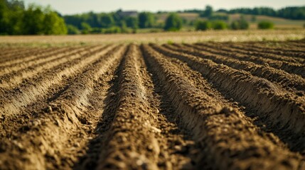 A vast open field with freshly tilled soil at sunset.