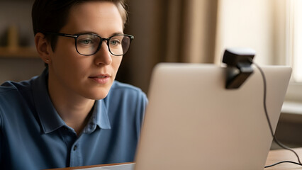 Woman with glasses attentively using laptop with webcam for virtual communication
