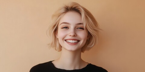 A cheerful woman smiling with blonde hair.