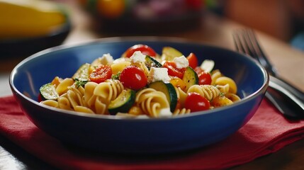 Delicious pasta salad served in a blue bowl on a table.