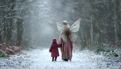 Woman dressed in a fairy outfit with majestic wings is seen from behind, holding her child's hand as they stroll down a snow covered path in a magical forest