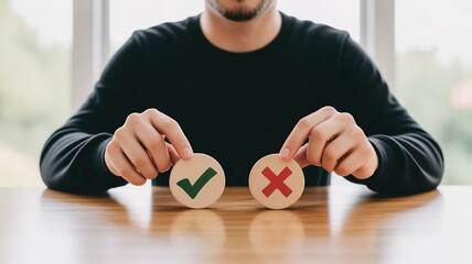 A man sitting at a table holding a checkmark and an X in his hands, making a decision.