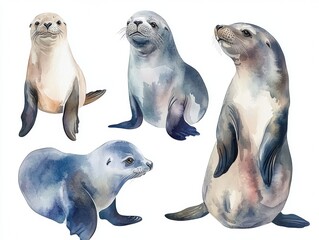 A set of four seals standing side by side.
