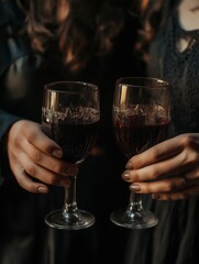 A person holding two wine glasses raised for a toast with red wine and bubbles inside them.
