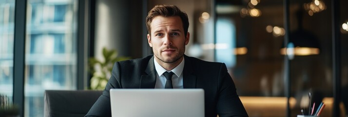 A young man sitting at his desk in a professional setting, focused on his work using a laptop computer and a notepad.