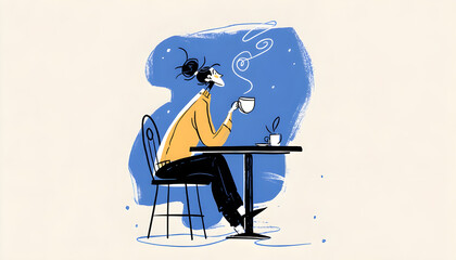 A human figure enjoys a cup of hot coffee alone in a cafe