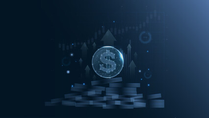 A digital representation of financial growth, featuring a dollar symbol and ascending charts. Perfect for illustrating concepts of wealth and finance.
