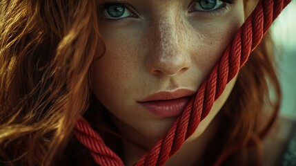 A woman with red hair and freckled skin gazing off into the distance.