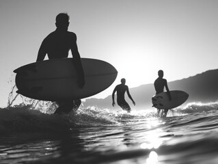 Three surfers walking on the shore with their surfboards.