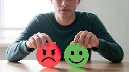 A man sitting at a table holding a red angry face and a green happy face