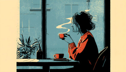 A human figure enjoys a cup of hot coffee alone in a cafe