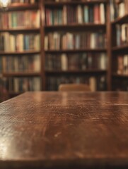 A wooden table with a few books on it. The table is in a library. There is a chair in front of the table