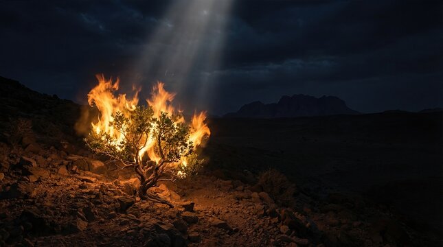 Burning bush with divine light ray from heaven. Moses biblical scene concept for religious education or art. Sacred fire in desert landscape.