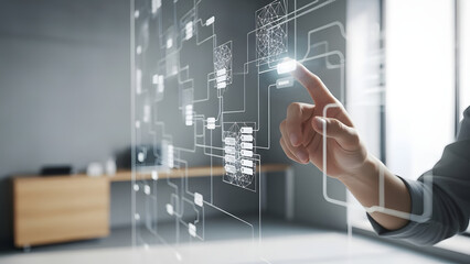 A human hand interacts with a futuristic, transparent digital interface displaying a complex network of glowing data points and interconnected lines in an office.
