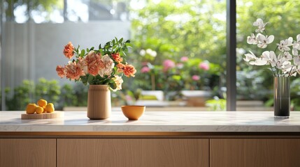 Fresh produce and plants arranged on a kitchen countertop.