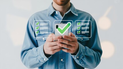 A man in a blue shirt using a smartphone with a green checkmark and checklists on the screen