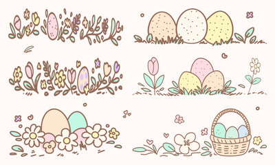 Easter eggs with floral divider and border clipart, pastel easter botanical design elements, pastel easter  floral divider and border clipart set with delicate flowers, leaves, and botanical accents