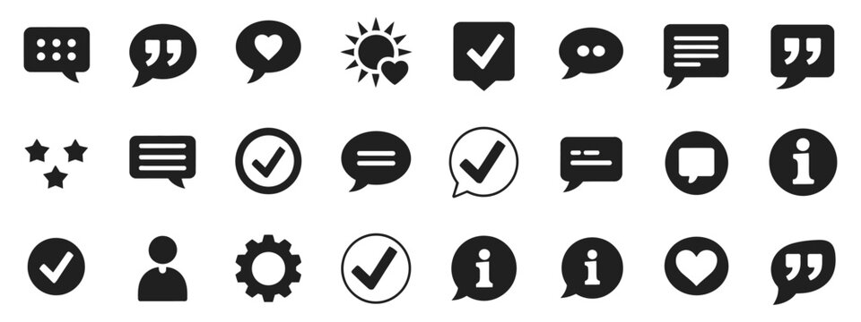 Approved, Checkmark Box and Social Media Message, Chat and Quote Icons, Vector Illustration of Speech Bubbles, Approval Ticks, Comment Symbols, Thinking and Messaging Concepts for UI UX Design