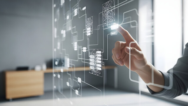 A human hand interacts with a futuristic, transparent digital interface displaying a complex network of glowing data points and interconnected lines in an office. - Powered by Adobe