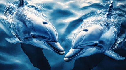 A captivating underwater view of two dolphins swimming together.