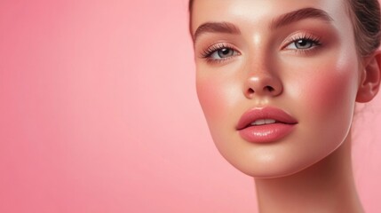 A close-up portrait of a woman with glowing skin and pink makeup against a soft pink background, conveying a sense of elegance and glamour.