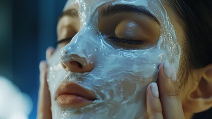 A woman is applying a white face mask. She is touching her face with her hands. The woman has brown hair and brown eyes