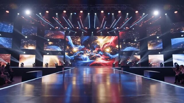 Luxurious fashion runway stage with bright lights, large video screens, and seated audience anticipation for the show