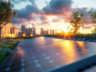Photo of solar panels during sunset with a city skyline in the background
