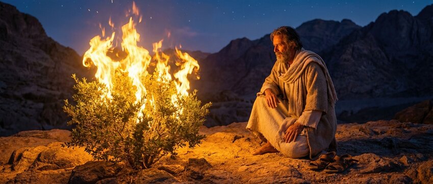 Moses sees a burning bush at night. Biblical scene from exodus, moses encounter with god. Religion and history concept. Banner with copy space