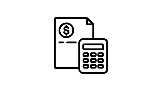 Animated accounting line icon with spreadsheet, money and calculator animation demonstrating cost estimation and budgeting. Outline style on a white background in 4K resolution.