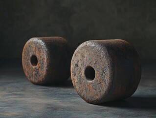Two weathered and rusted metallic gears with holes in the center
