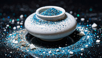 A small white ceramic pot filled with blue glitter on a dark surface