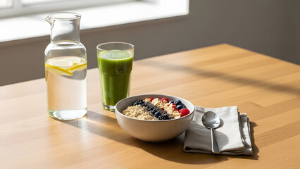 A wholesome breakfast features oatmeal with fresh berries, a vibrant green smoothie, and refreshing lemon water, on a wooden table.