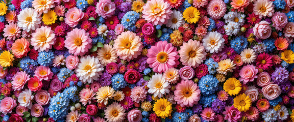 Bright colorful flower pattern filling full frame, vibrant floral background texture expressing joy energy and decorative natural beauty
