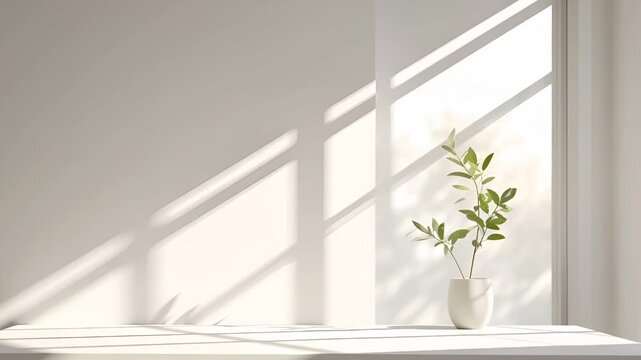 窓からの柔らかな自然光がミニマルなデスク表面に影を落とし、ゆっくりと移動する映像です。
色味は白や淡いグレー、ベージュなどのニュートラルカラーで構成されています。
抽象的で落ち着いた雰囲気が、集中力や自己成長のイメージを演出します。