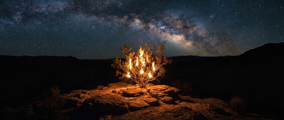 Plakat Burning bush under a stunning Milky Way night sky. Biblical scene representing the story of Moses for spiritual concepts and religion. Banner with copy space