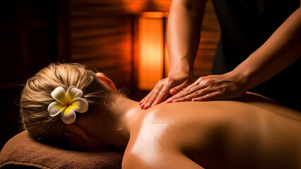 Woman receiving a back massage with a flower in her hair in a dimly lit room relaxation