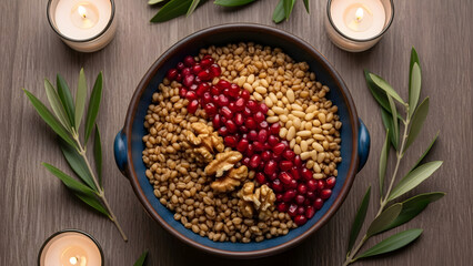 An overhead view displays a beautiful traditional dish composed of wheat, pomegranate seeds, and walnuts, surrounded by glowing candles and olive branches.