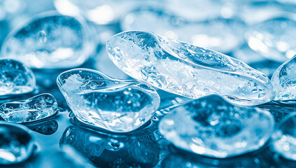 A close-up view of clear ice cubes on a reflective surface with a blue hue