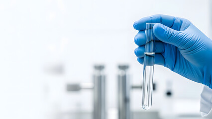 A gloved hand carefully holds a glass test tube containing a clear liquid in a clean, modern laboratory setting.